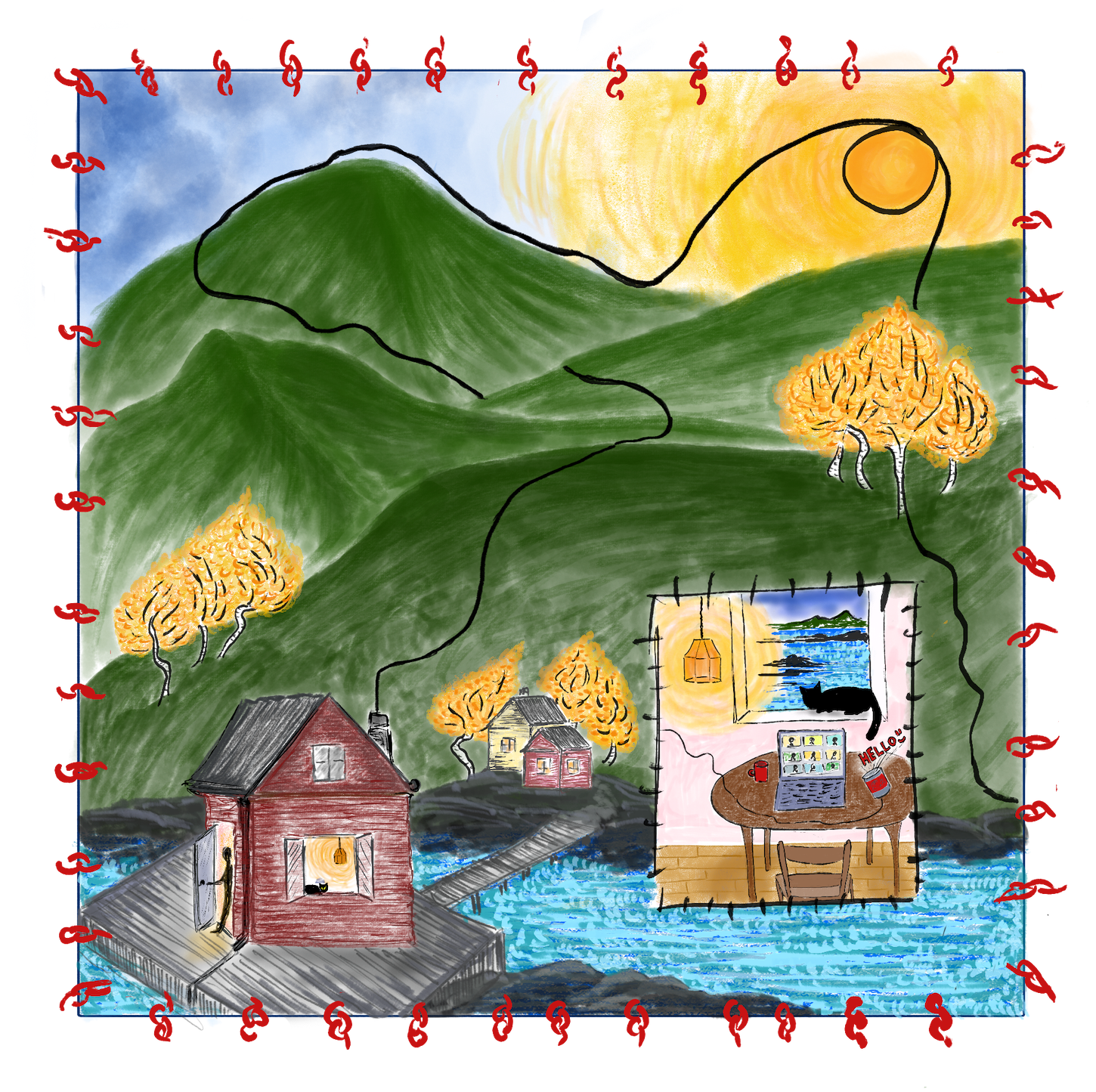 A drawing of a small house with someone on a video call