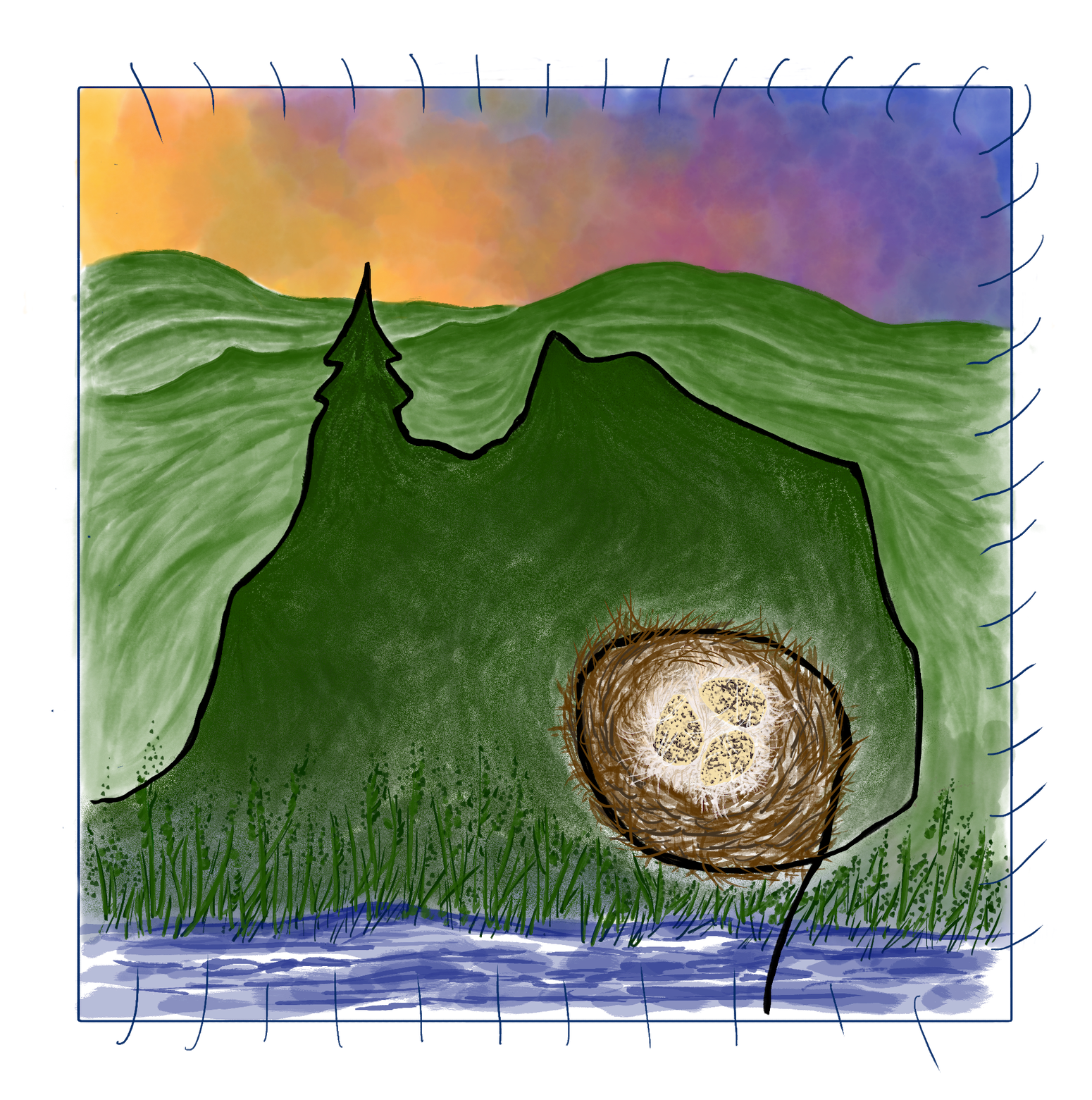 A drawing of a forest and a nest with eggs